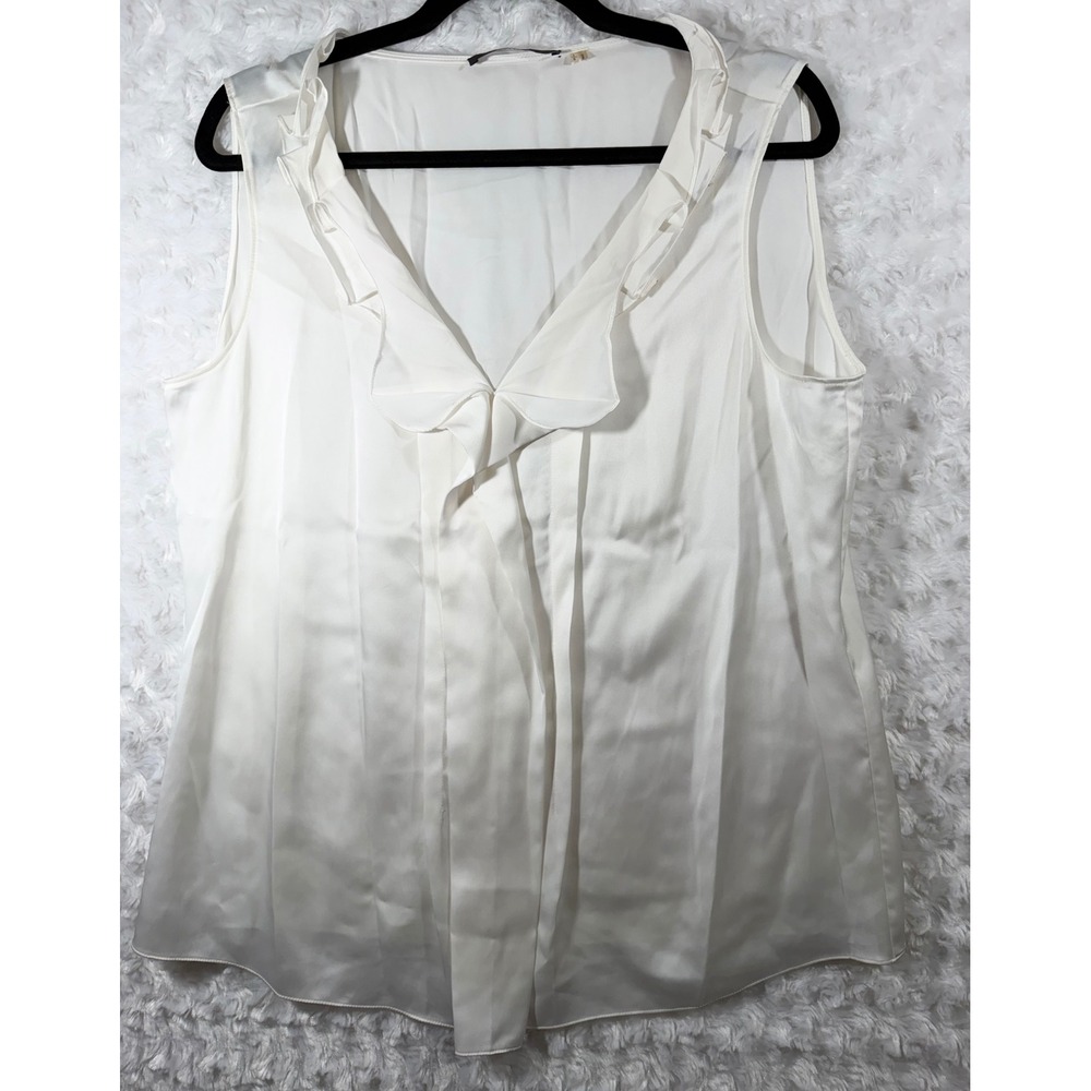 Tahari Womens Size L Ruffle V-Neck Sleeveless Blouse Ivory Cream Satin Top